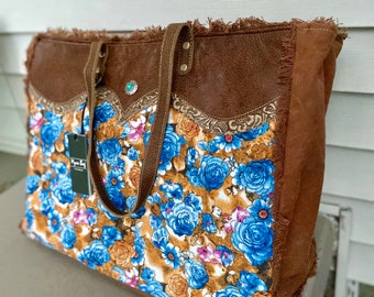 Bag for Summer, Floral Weekender, MYRA Weekender, Colorful Upcycled Canvas Bag Leather Large Duffle, Orange Blue Overnight Bag
