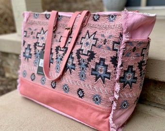 Pink Weekender, MYRA Aztec Bag, Pink Overnight Bag, Southwestern Design Bag, Upcycled Canvas Large Duffle Bag, Pink Leather Weekender