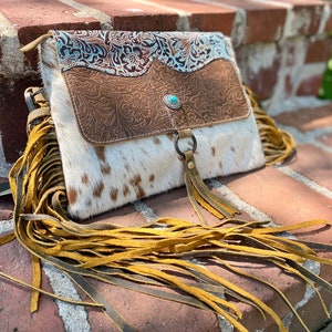Cowhide Crossbody with Fringe, Hand Tooled Turquoise Leather Purse, Brown and White MYRA Crossbody or Shoulder Bag, Distressed Leather