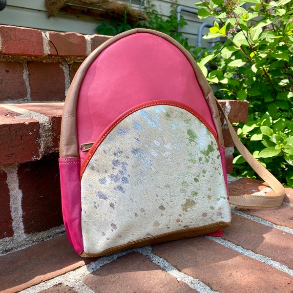 Pink Backpack, Silver Acid Wash Cowhide Backpack, Cowhide Colorful Leather Backpack, Ecofriendly Upcycled Bag, Pink Cowhide Backpack