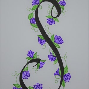 May include: A black calligraphic letter S with a vine of purple flowers and green leaves winding around it.