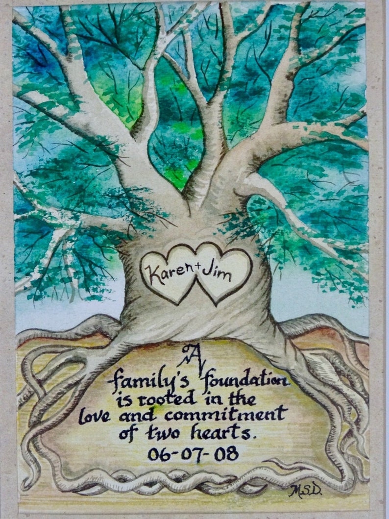 May include: A watercolor painting of a tree with two hearts at the base of the trunk. The hearts are labeled "Karen + Jim". The roots of the tree are visible and the text "A family's foundation is rooted in the love and commitment of two hearts. 06-07-08" is written below the tree.