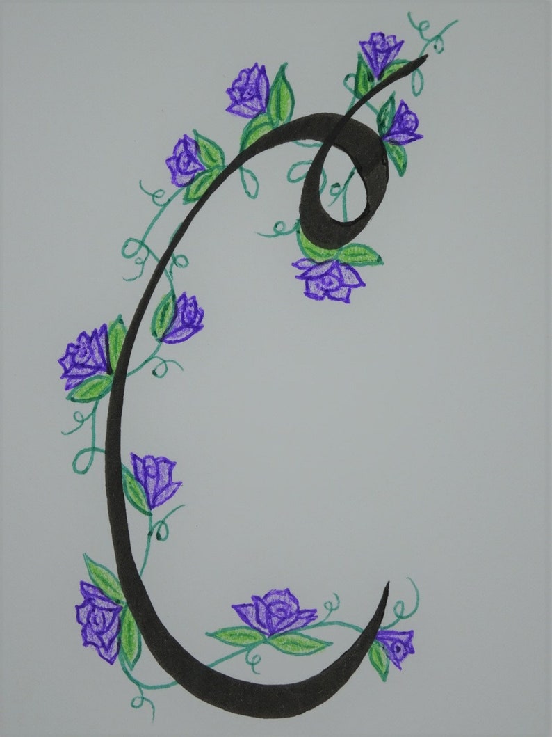 May include: A black calligraphic letter C with a vine of purple flowers and green leaves winding around it.