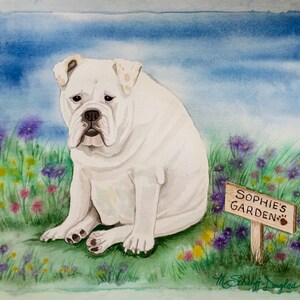 May include: A watercolor painting of a white bulldog sitting in a field of flowers. A sign reads "Sophie's Garden" with a paw print.