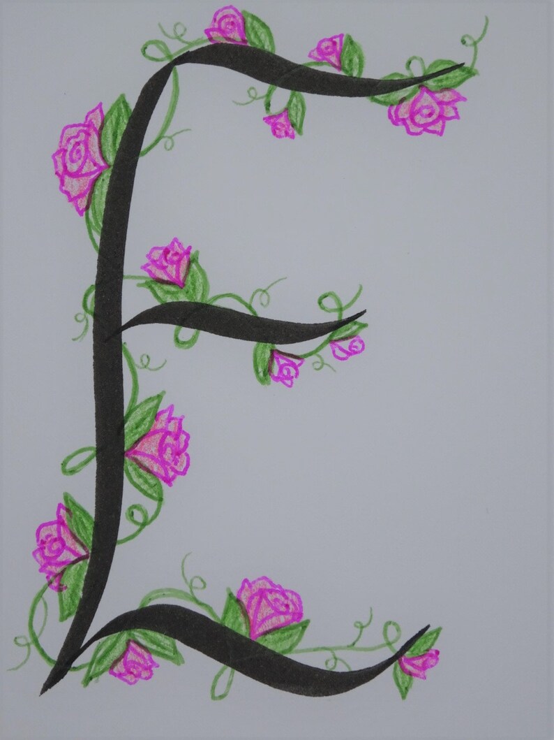 May include: A black calligraphic letter E with a vine and pink roses wrapping around it. The background is white.