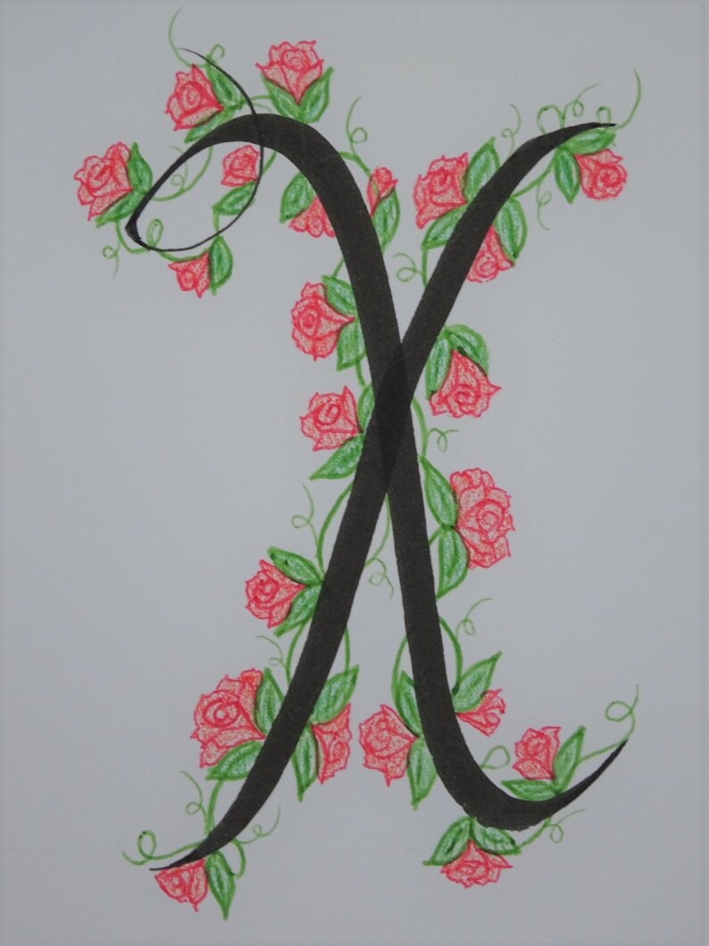 May include: A black calligraphic letter X with a vine of red roses and green leaves winding around it.