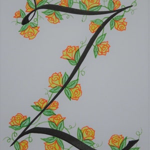 May include: A black calligraphic letter Z with a vine of yellow roses and green leaves winding around it.