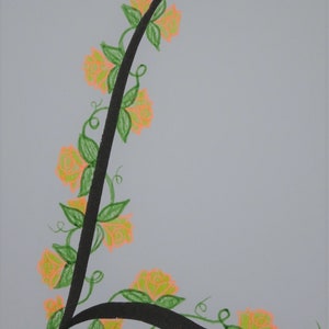 May include: A black vine with green leaves and orange flowers forms the letter L on a light grey background.