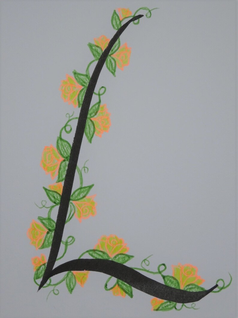 May include: A black vine with green leaves and orange flowers forms the letter L on a light grey background.