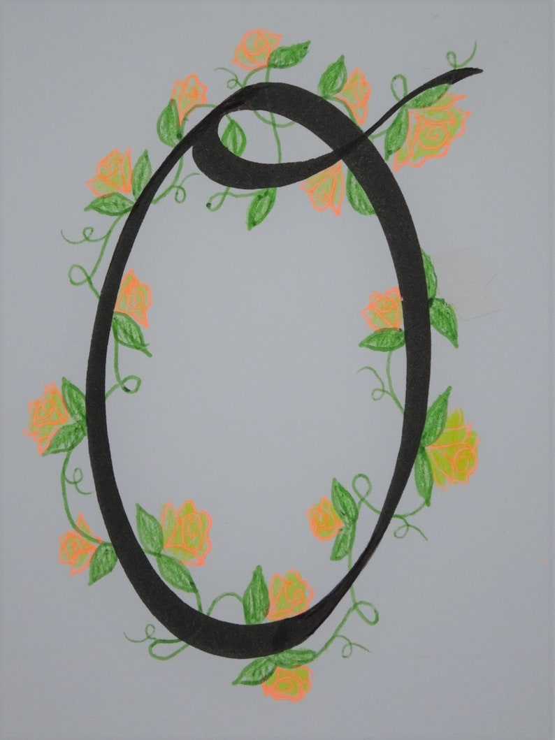 May include: A black calligraphic letter O surrounded by a vine with orange flowers and green leaves.