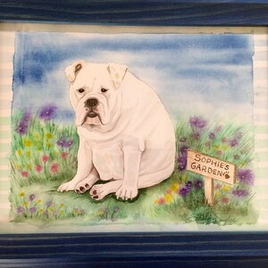 May include: Watercolor painting of a white bulldog sitting in a field of flowers. A sign reads "Sophie's Garden" with a paw print.