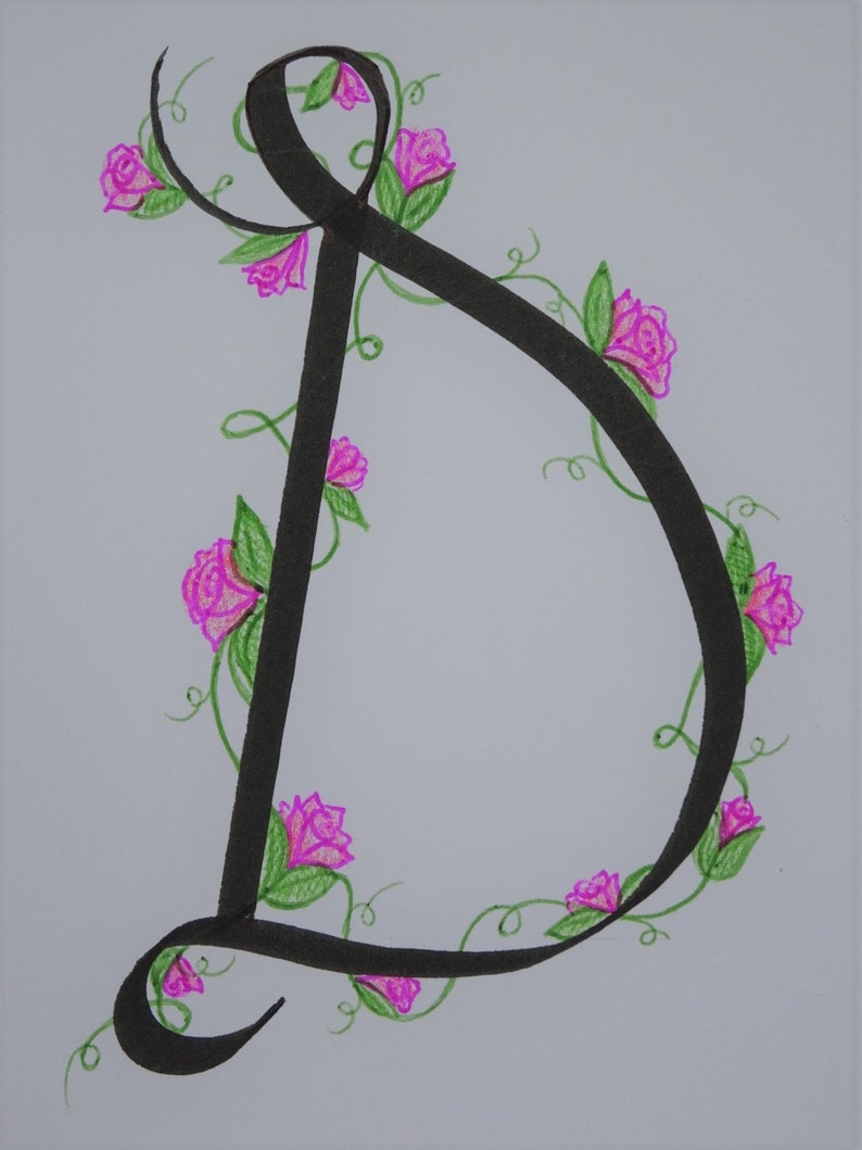 May include: A black calligraphic letter D with a vine of pink flowers and green leaves winding around it.