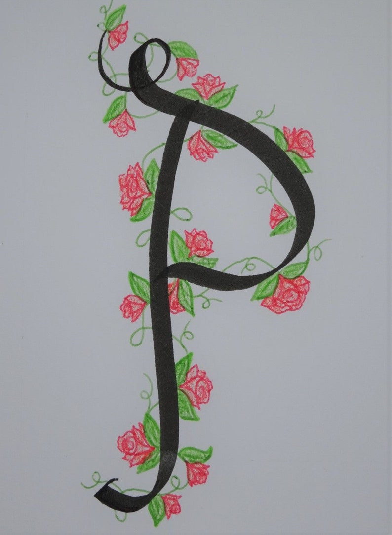 May include: A black calligraphic letter "P" with a vine of green leaves and pink roses winding around it.