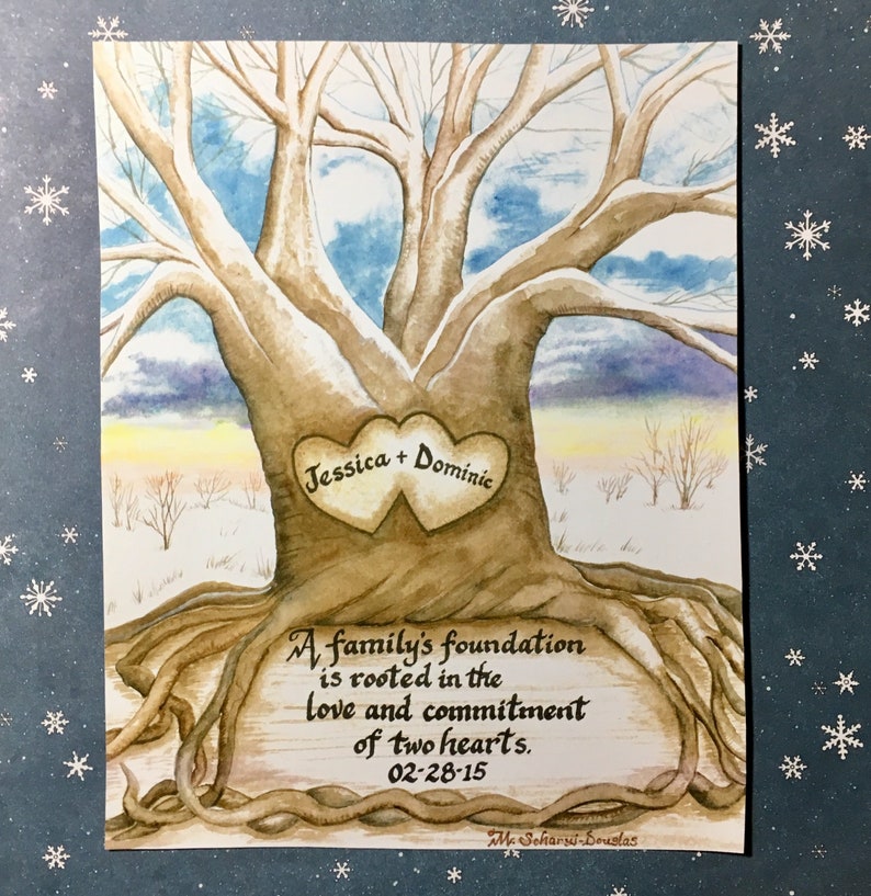 May include: A watercolor painting of a tree with two intertwined hearts in the trunk. The hearts are inscribed with the names "Jessica + Dominic". The text below the tree reads "A family's foundation is rooted in the love and commitment of two hearts. 02-28-15" and is signed "M. Scharsi-Douslas".