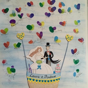 May include: A hot air balloon wedding guest book with a bride and groom in a hot air balloon. The balloon is decorated with yellow, blue, and white hearts. The date 6-19-16 is written on the bottom of the balloon. The background is a light blue watercolor wash.