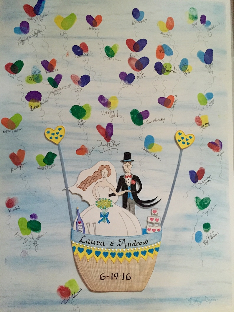 May include: A hot air balloon wedding guest book with a bride and groom in a hot air balloon. The balloon is decorated with yellow, blue, and white hearts. The date 6-19-16 is written on the bottom of the balloon. The background is a light blue watercolor wash.