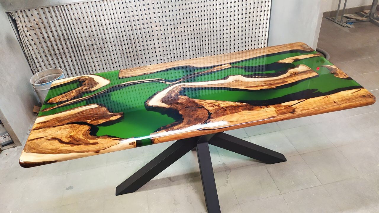 Walnut dining table Epoxy table Green epoxy Etsy