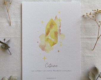 Original Watercolour Citrine Crystal A5 Print with piece of Crystal