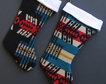 Wool Patterned Stocking - Black, Cobalt, Red and Cream