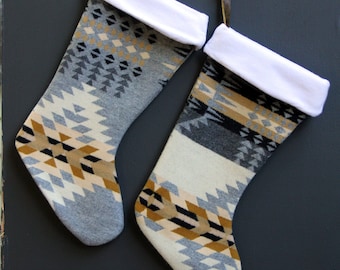 Wool Patterned Stocking - Graphite, Cream and Mustard