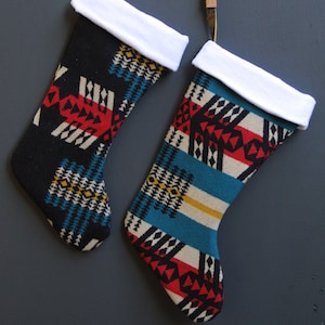 Wool Patterned Stocking - Black, Cobalt, Red and Cream