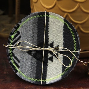 Patterned Wool and Reclaimed Leather Coasters Set of 4 Charcoal, Cream & Black image 2