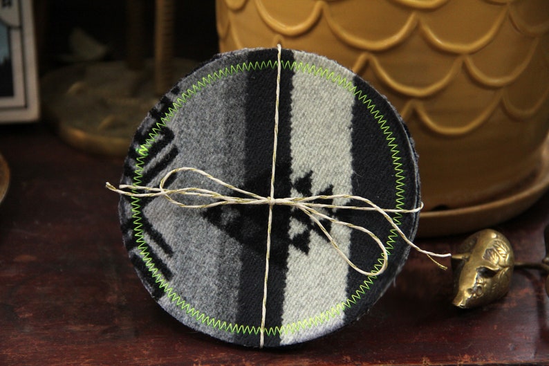 Patterned Wool and Reclaimed Leather Coasters Set of 4 Charcoal, Cream & Black image 2