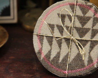 Patterned Wool and Reclaimed Leather Coasters - Set of 4 - Taupe & Cream