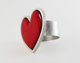 Sterling silver ring with red enamel heart. Silver adjustable ring. Modern Love ring. Contemporary ring. Red statement ring. Valentine gift