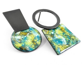 contemporary jewelry for modern women ocean abstract and mismatched earrings Organic earrings with vitreous enamel and sterling silver