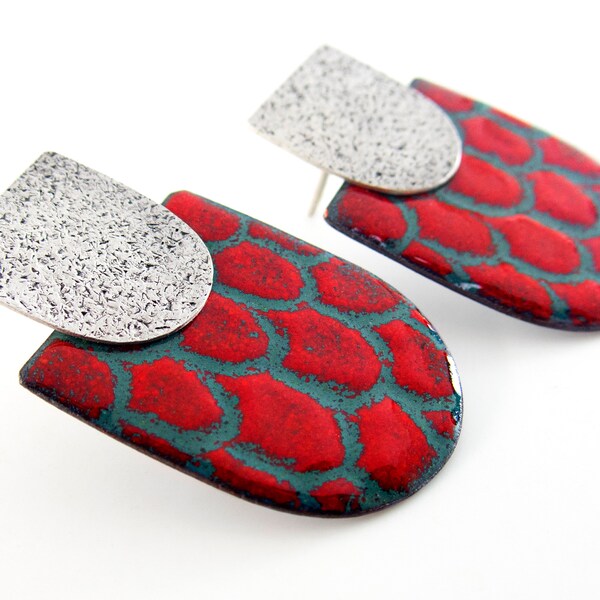 Red statement earrings. Red drop earrings. Scales enamel earrings. Modern textured earrings. Abstract earrings. Unusual red earrings
