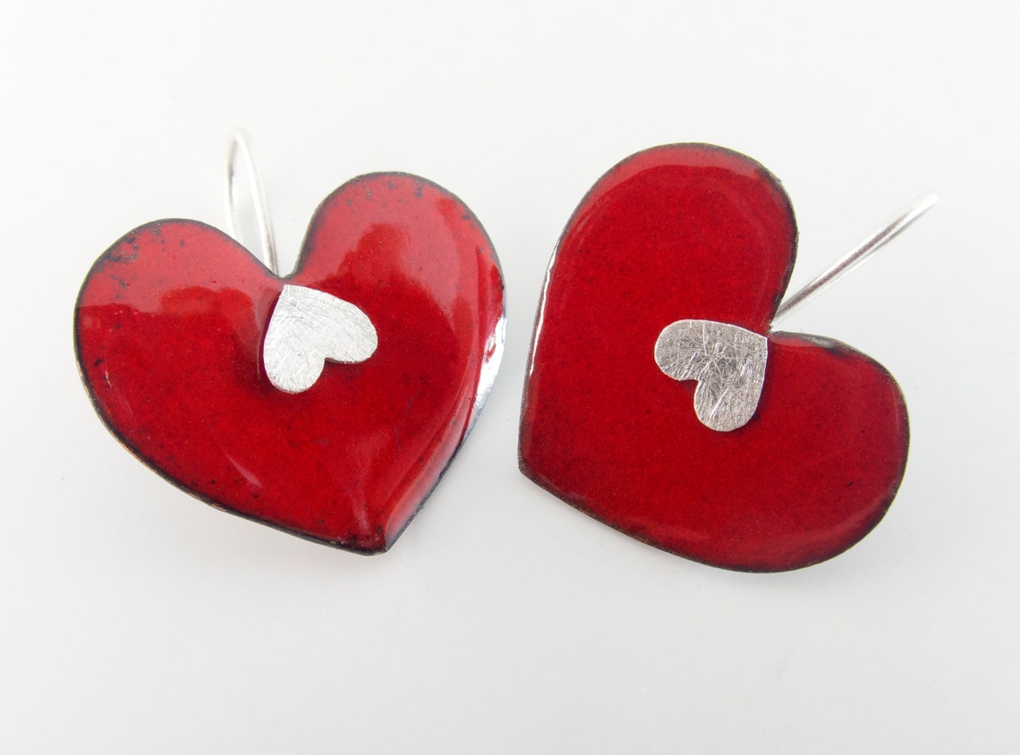 Dangle red heart earrings. Modern love earrings. Deep red Etsy