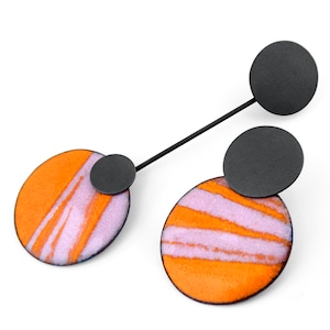 Pink and orange enamel earrings. Asymmetrical earrings. Unusual earrings. Contemporary enamel earrings. Colorful earrings. Unique jewellery