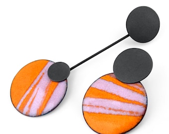 Pink and orange enamel earrings. Asymmetrical earrings. Unusual earrings. Contemporary enamel earrings. Colorful earrings. Unique jewellery
