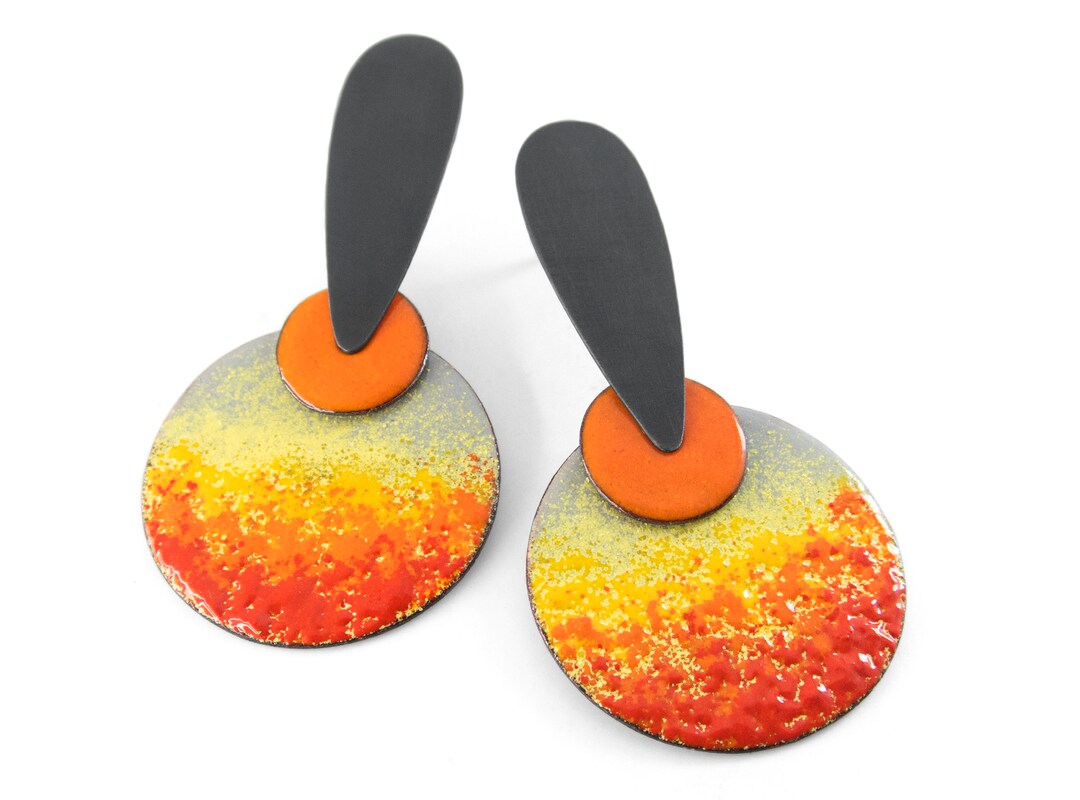 Orange Earrings. Unusual Silver Earrings. Enamel Earrings. Statement ...