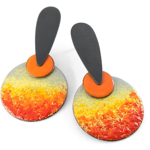 Orange earrings. Unusual silver earrings. Enamel earrings. Statement enamel earrings. Abstract earrings. Summer earrings. Enameled jewelry image 1