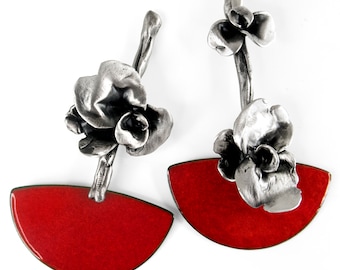 Floral silver drop earrings. Red enamel earrings. Unique silver earrings. Unusual silver earrings. Artistic silver earrings. Floral jewelry