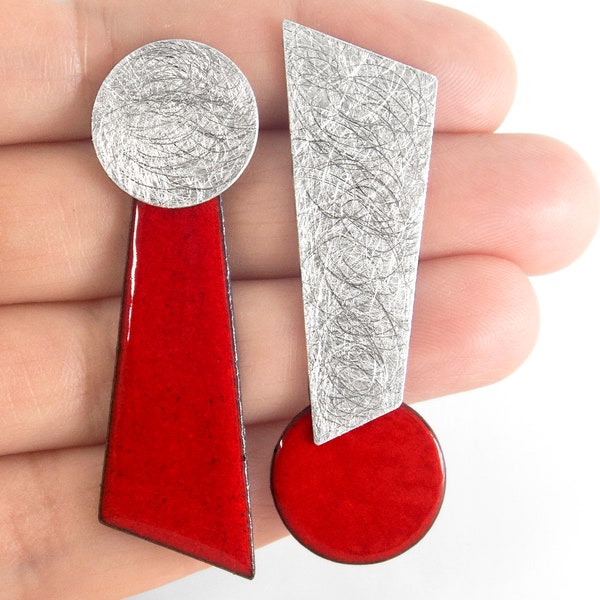 Red Asymmetrical Earrings. Red Enamel Earrings. Silver Unusual Earrings. Geometric Earrings. Contemporary Earrings. Long Silver Earrings