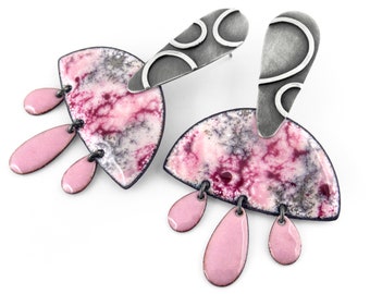 Pink enamel earrings. Boho earrings. Pink statement earrings. Silver post drop enamel earrings. Boho jewelry. Long modern earrings