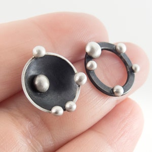 Asymmetric post earrings. Dotted earrings. Bubble post earrings. Oxidized silver studs. Round silver post earrings. Circle stud earrings image 3