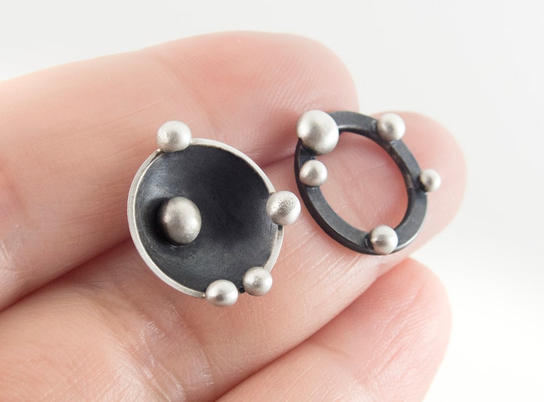 Asymmetric post earrings. Dotted earrings. Bubble post earrings. Oxidized silver studs. Round silver post earrings. Circle stud earrings image 3