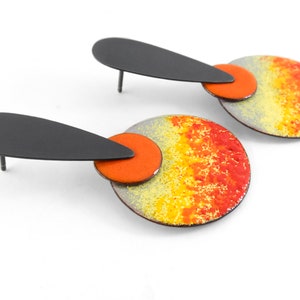 Orange earrings. Unusual silver earrings. Enamel earrings. Statement enamel earrings. Abstract earrings. Summer earrings. Enameled jewelry image 4