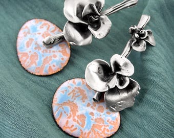 Asymmetric floral silver earrings. Unusual enamel earrings. Artistic silver earrings. Statement earrings. Unique earrings. Artisan jewelry