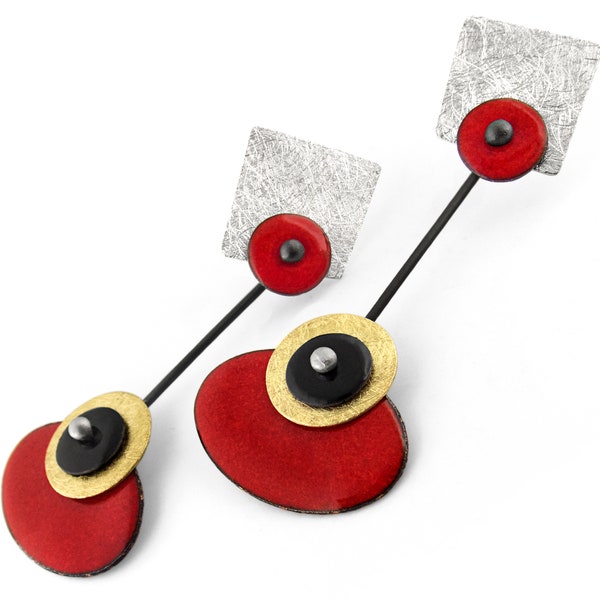 Artistic red earrings. Unusual long earrings. Red earrings. Modern earrings. Enamel earrings. Statement earrings. Unusual jewelry. Art jewel