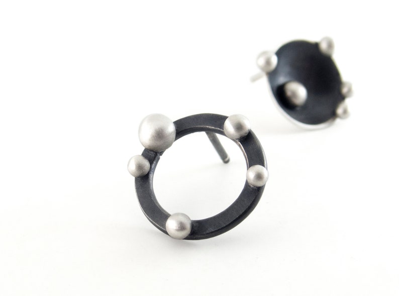 Asymmetric post earrings. Dotted earrings. Bubble post earrings. Oxidized silver studs. Round silver post earrings. Circle stud earrings image 2