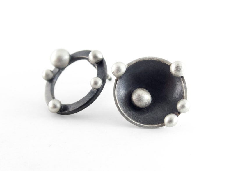 Asymmetric post earrings. Dotted earrings. Bubble post earrings. Oxidized silver studs. Round silver post earrings. Circle stud earrings image 5