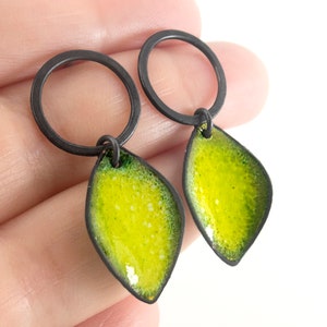 Lime earrings. Enamel earrings. Leaf earrings. Oxidized silver earrings. Yellow earrings. Modern silver earrings. Contemporary earrings