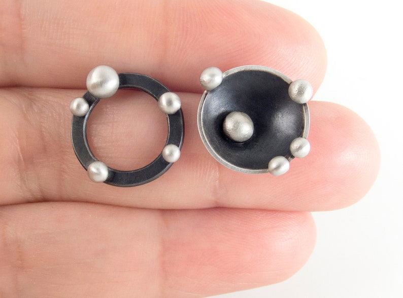 Asymmetric post earrings. Dotted earrings. Bubble post earrings. Oxidized silver studs. Round silver post earrings. Circle stud earrings image 6