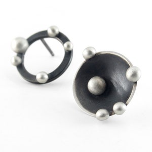 Asymmetric post earrings. Dotted earrings. Bubble post earrings. Oxidized silver studs. Round silver post earrings. Circle stud earrings image 1