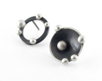 Asymmetric post earrings. Dotted earrings. Bubble post earrings. Oxidized silver studs. Round silver post earrings. Circle stud earrings